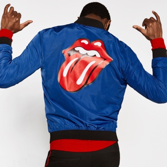 Zara Other - ZARA The Rolling Stones Capsule Collection Tongue Lips Mouth Blue Bomber Jacket